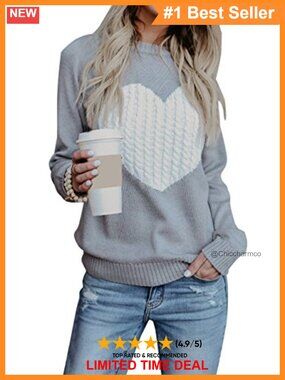 shermie Womens Big Heart Sweater Long Sleeve Crew Neck Pullover Casual